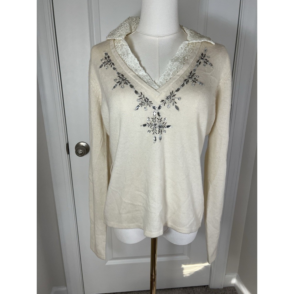 C By Bloomingdale's NWT 100% Cashmere Embellished‎ Ivory Cream Sweater Large